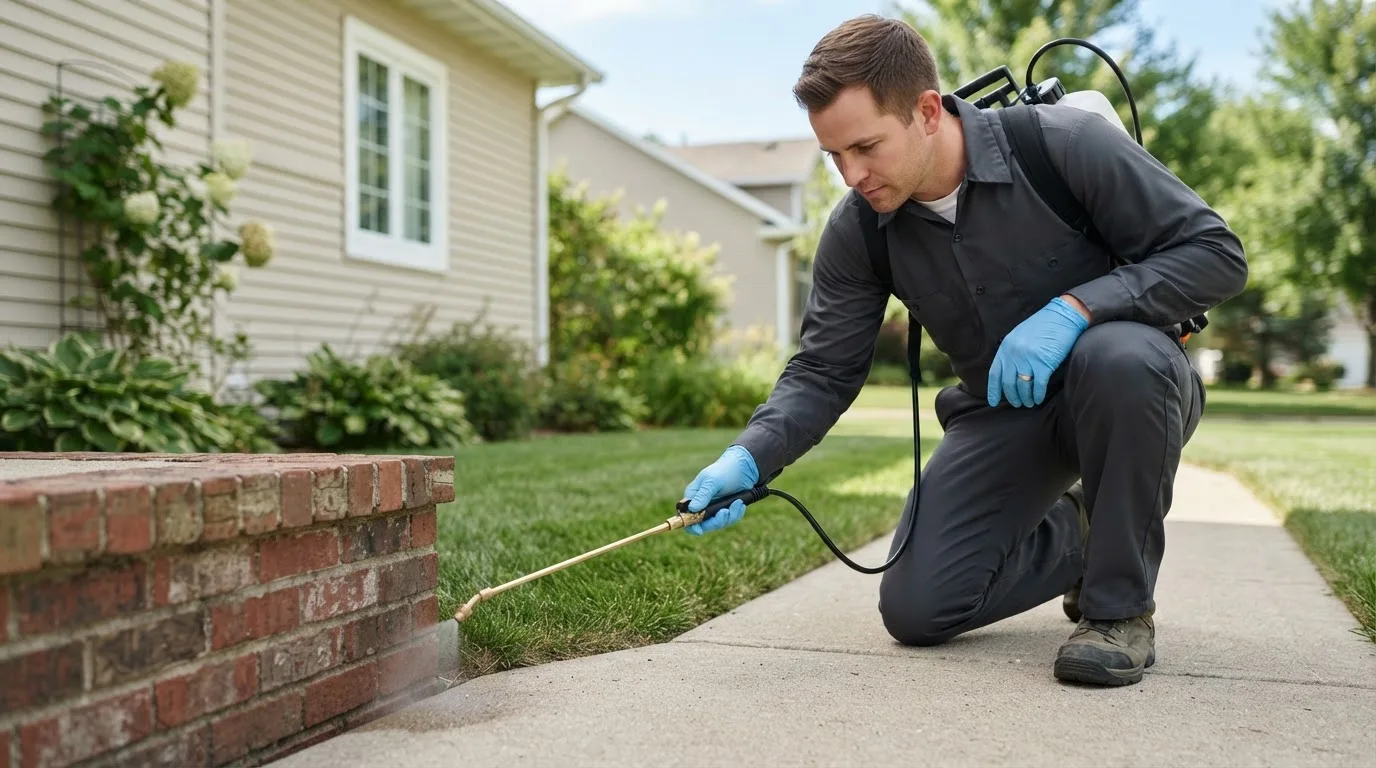 Pest control technician treating a home near Ostrander, OH