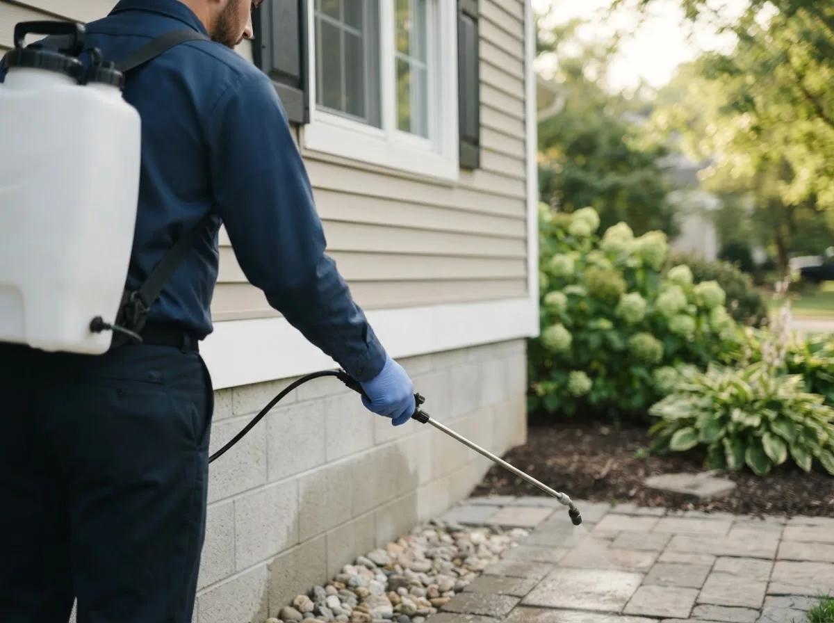Pest control technician inspecting a home in Ostrander, OH